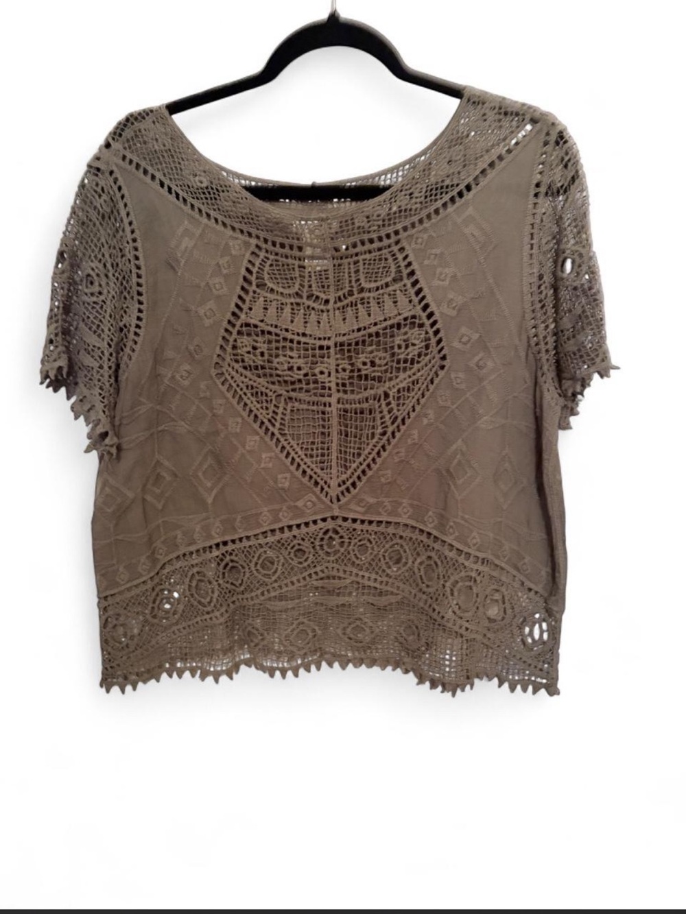 Ultra Pink Crochet Panel Short Sleeve Top - Olive Green